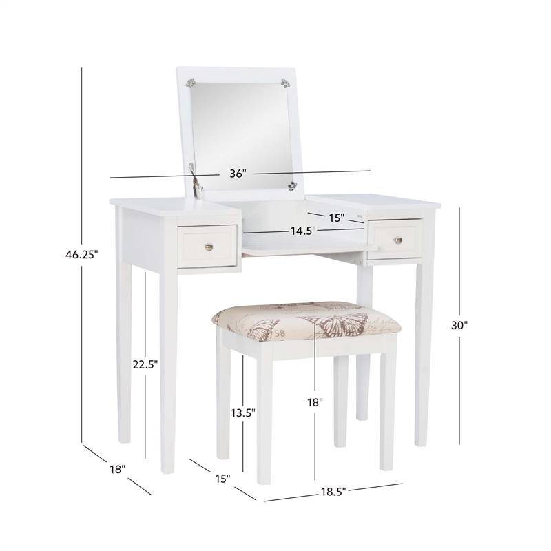 Linon Butterfly Vanity & Padded Stool Flip Up Mirror 2 Drawers in White Wood