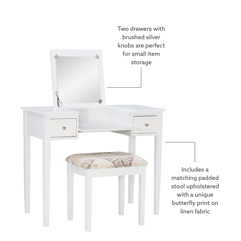 Linon Butterfly Vanity & Padded Stool Flip Up Mirror 2 Drawers in White Wood