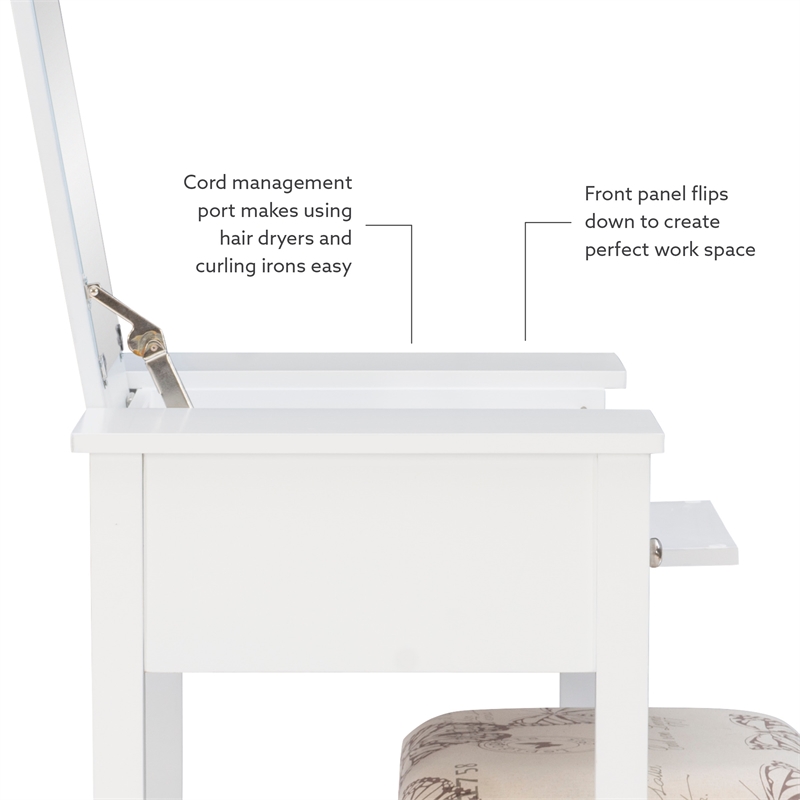 Linon Butterfly Vanity & Padded Stool Flip Up Mirror 2 Drawers in White Wood