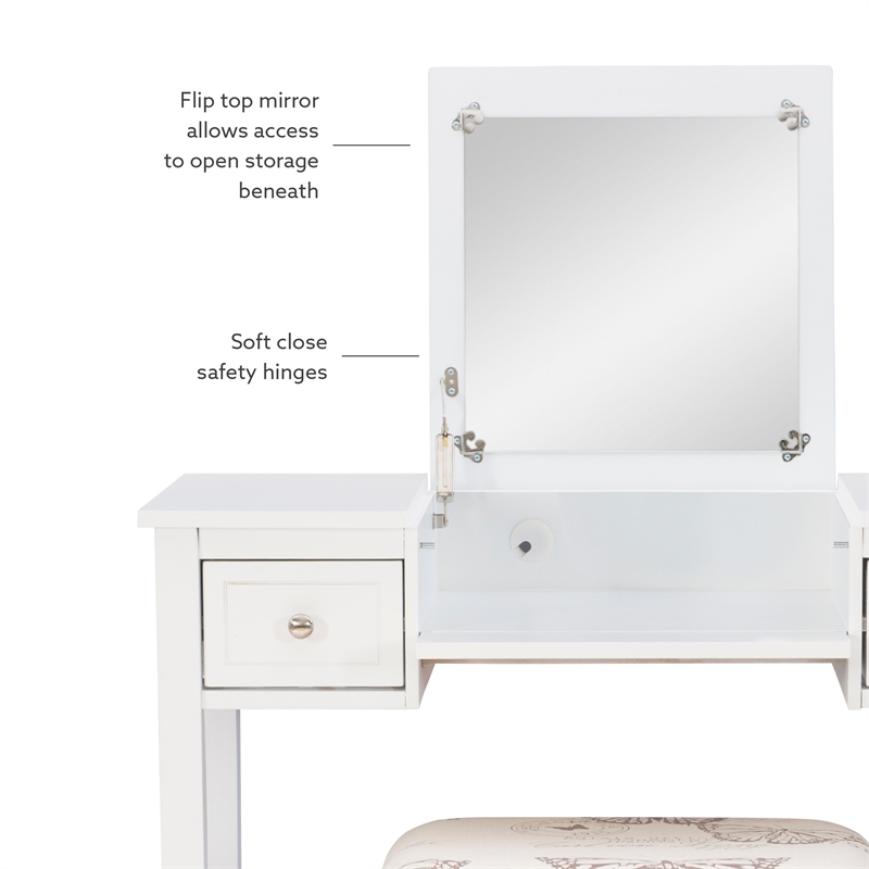 Linon Butterfly Vanity & Padded Stool Flip Up Mirror 2 Drawers in White Wood