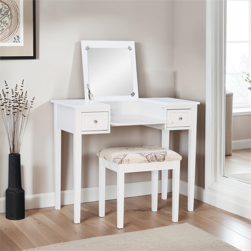 Linon Butterfly Vanity & Padded Stool Flip Up Mirror 2 Drawers in White Wood