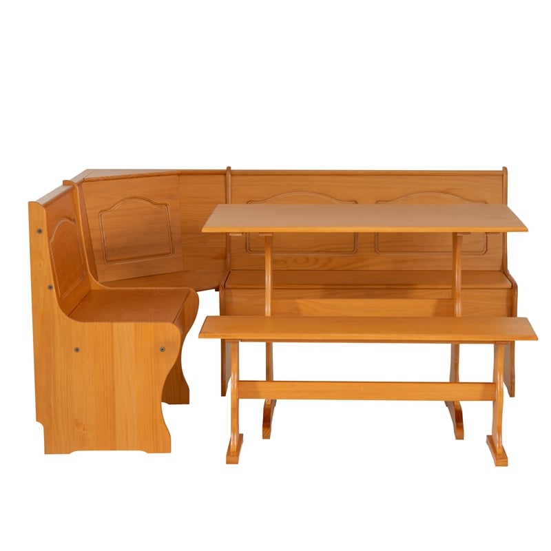 Linon Chelsea Corner Dining Nook Set with Storage in Solid Natural Wood