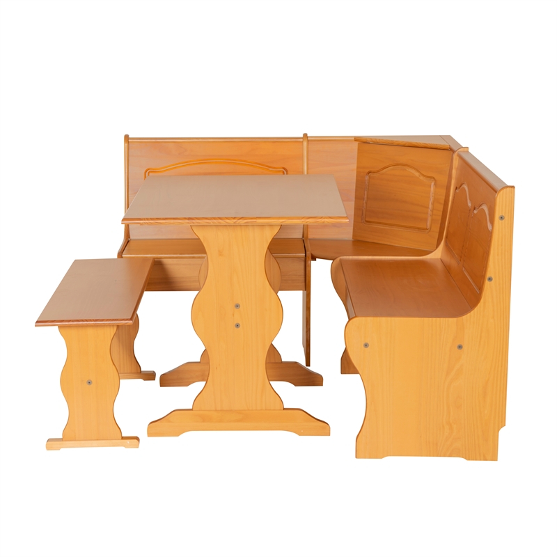 Linon Chelsea Corner Dining Nook Set with Storage in Solid Natural Wood
