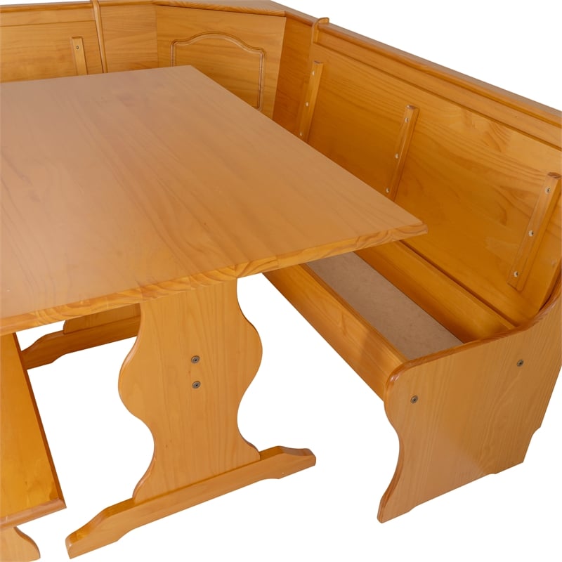 Linon Chelsea Corner Dining Nook Set with Storage in Solid Natural Wood