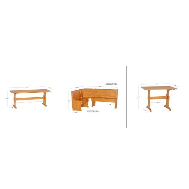 Linon Chelsea Corner Dining Nook Set with Storage in Solid Natural Wood