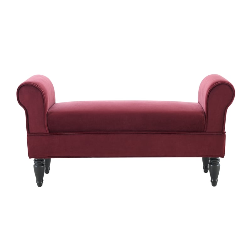 Linon Lillian Upholstered Bench Rolled Sides Dark Wood Legs in Berry Red Fabric