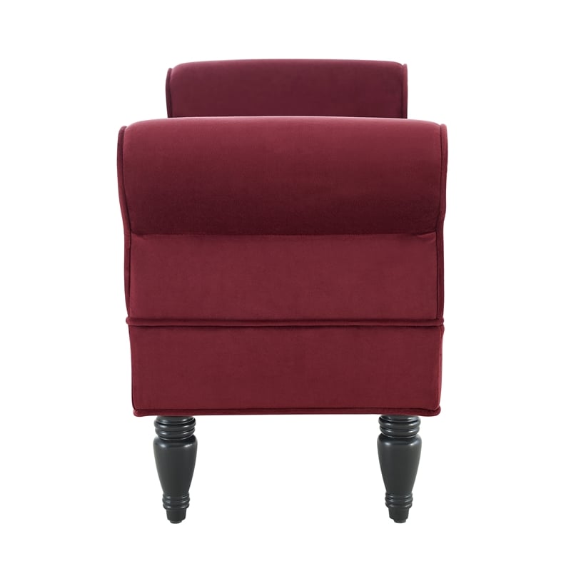 Linon Lillian Upholstered Bench Rolled Sides Dark Wood Legs in Berry Red Fabric