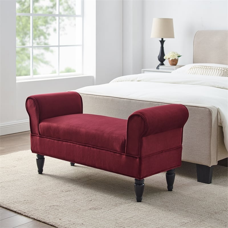 Linon Lillian Upholstered Bench Rolled Sides Dark Wood Legs in Berry Red Fabric