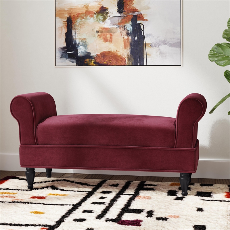 Linon Lillian Upholstered Bench Rolled Sides Dark Wood Legs in Berry Red Fabric