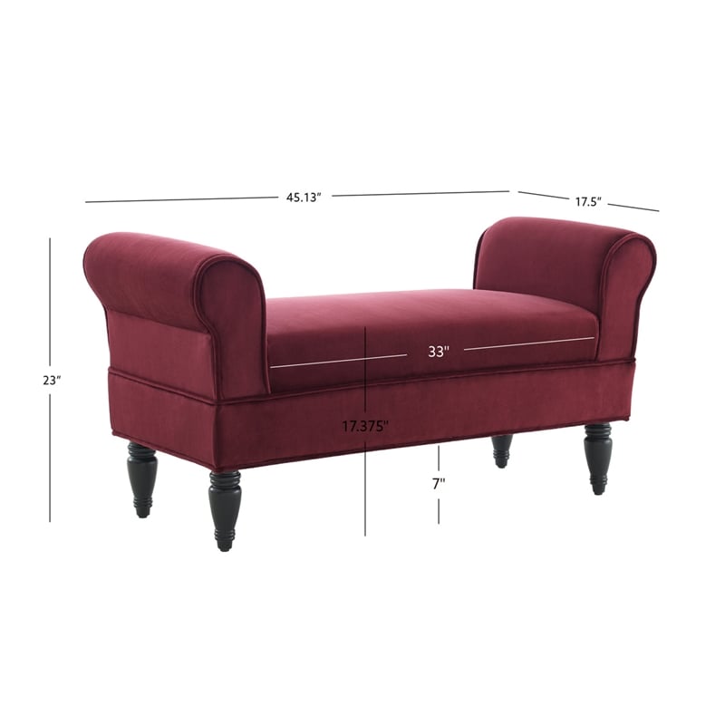 Linon Lillian Upholstered Bench Rolled Sides Dark Wood Legs in Berry Red Fabric