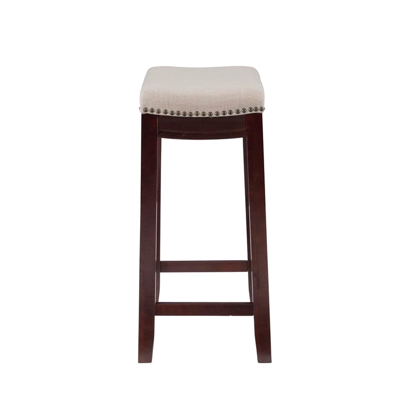 Linon Hampton Counter Stool Beige Padded Seat Wood Frame in Dark Walnut Brown