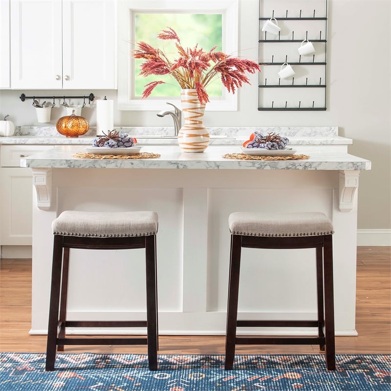Linon Hampton Counter Stool Beige Padded Seat Wood Frame in Dark Walnut Brown