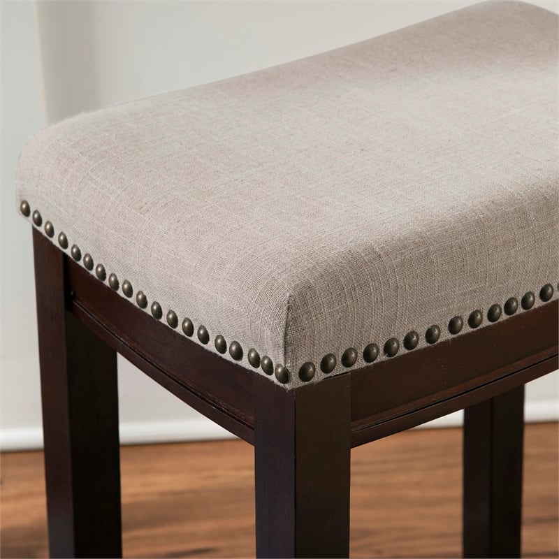Linon Hampton Counter Stool Beige Padded Seat Wood Frame in Dark Walnut Brown