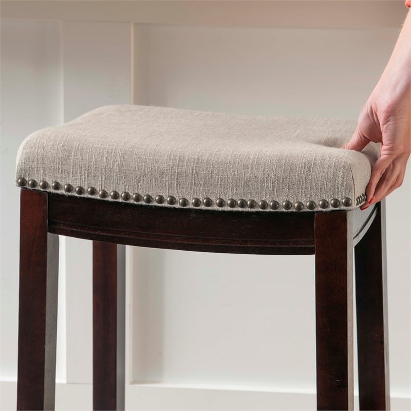 Linon Hampton Counter Stool Beige Padded Seat Wood Frame in Dark Walnut Brown