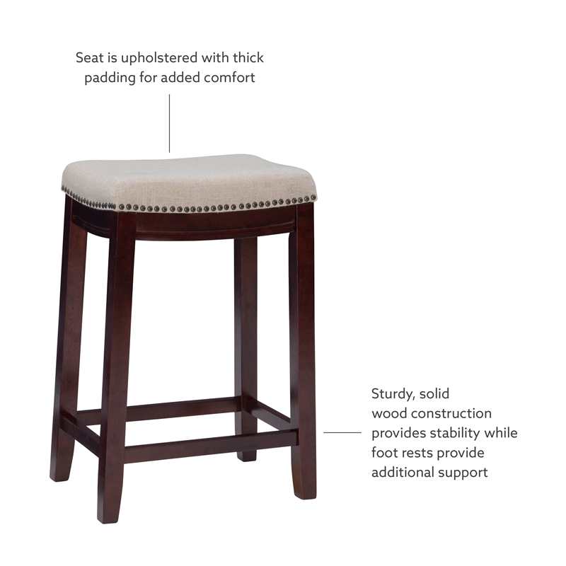 Linon Hampton Counter Stool Beige Padded Seat Wood Frame in Dark Walnut Brown