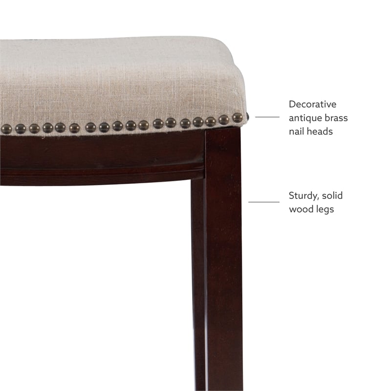 Linon Hampton Counter Stool Beige Padded Seat Wood Frame in Dark Walnut Brown