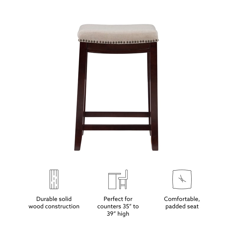 Linon Hampton Counter Stool Beige Padded Seat Wood Frame in Dark Walnut Brown