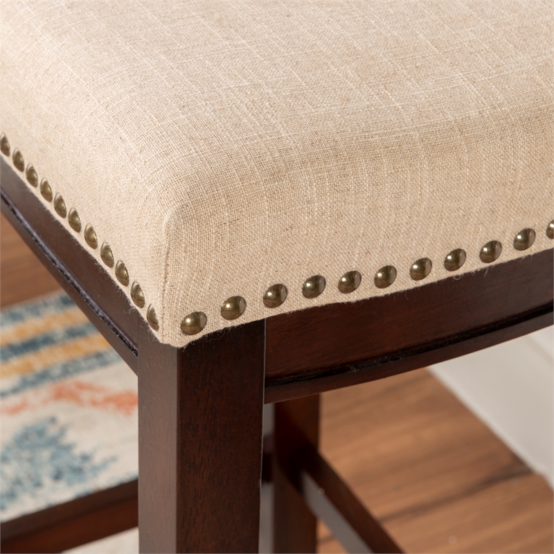 Linon Hampton Bar Stool Beige Padded Seat Wood Frame in Dark Walnut Brown