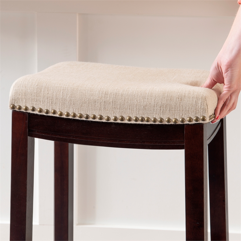 Linon Hampton Bar Stool Beige Padded Seat Wood Frame in Dark Walnut Brown