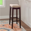 Linon Hampton Bar Stool Beige Padded Seat Wood Frame in Dark Walnut Brown