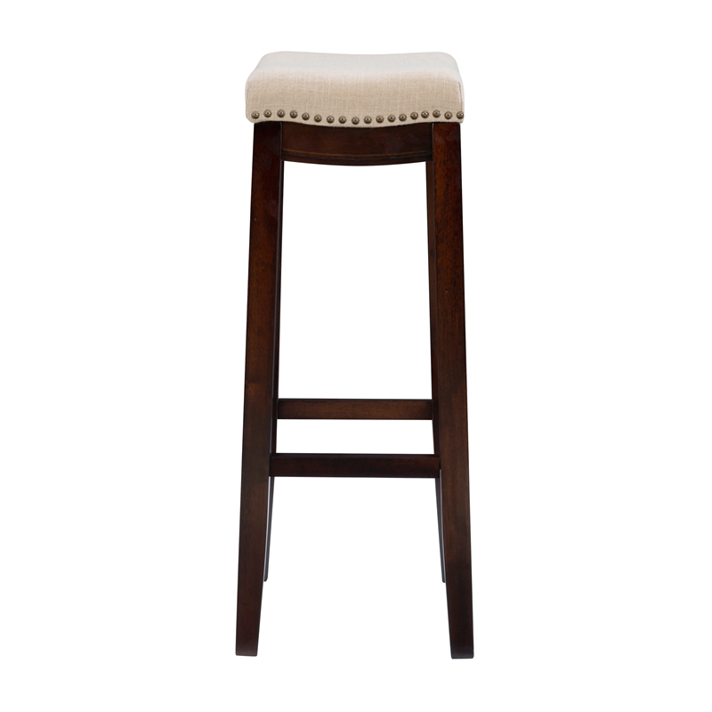 Linon Hampton Bar Stool Beige Padded Seat Wood Frame in Dark Walnut Brown