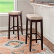 Linon Hampton Bar Stool Beige Padded Seat Wood Frame in Dark Walnut Brown