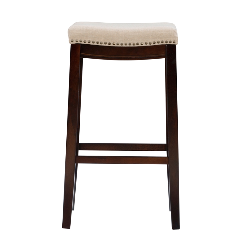 Linon Hampton Bar Stool Beige Padded Seat Wood Frame in Dark Walnut Brown