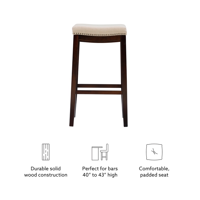 Linon Hampton Bar Stool Beige Padded Seat Wood Frame in Dark Walnut Brown