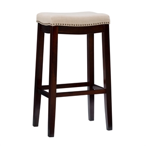 Linon Hampton Bar Stool Beige Padded Seat Wood Frame in Dark Walnut Brown