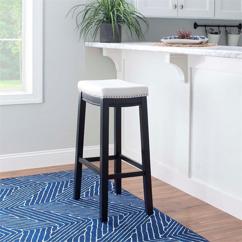 Linon Claridge Backless Bar Stool White Faux Leather Wood Frame in Black Finish