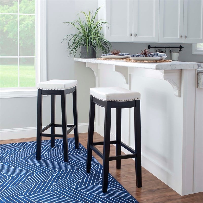 Linon Claridge Backless Bar Stool White Faux Leather Wood Frame in Black Finish