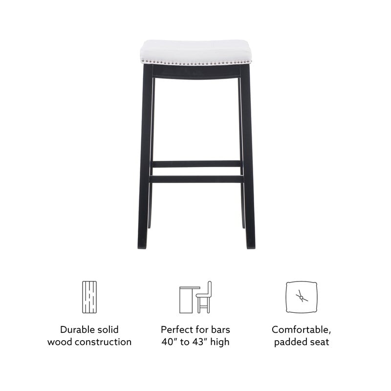 Linon Claridge Backless Bar Stool White Faux Leather Wood Frame in Black Finish