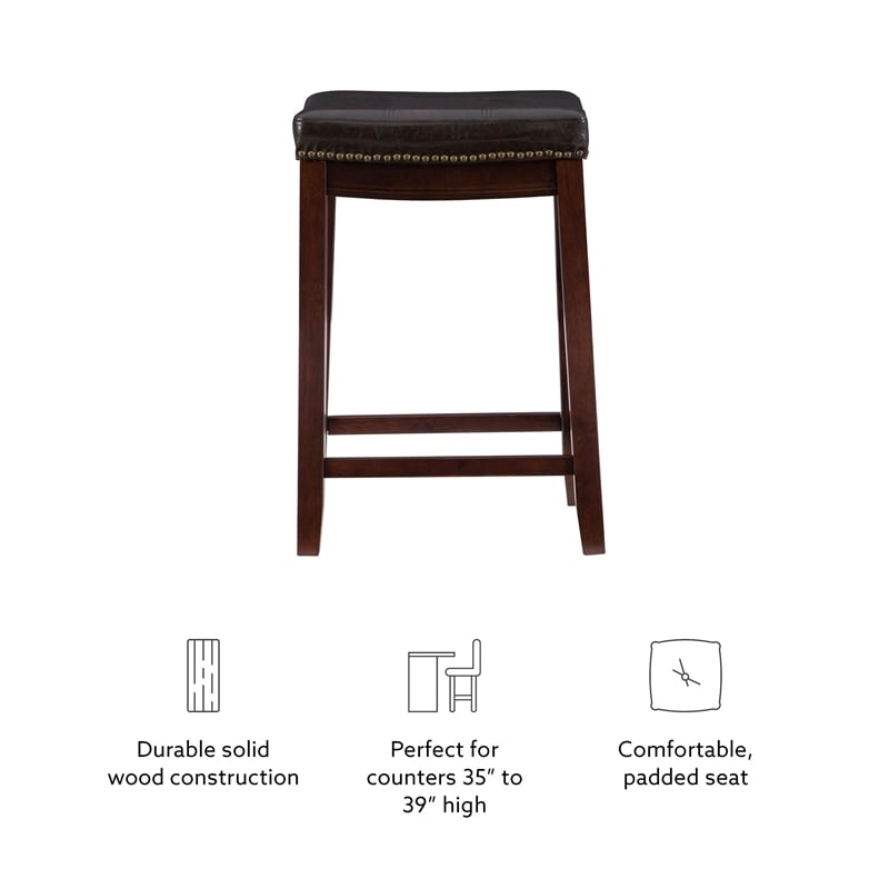 Linon Claridge Backless Counter Stool Faux Leather Nailhead Trim in Brown Wood