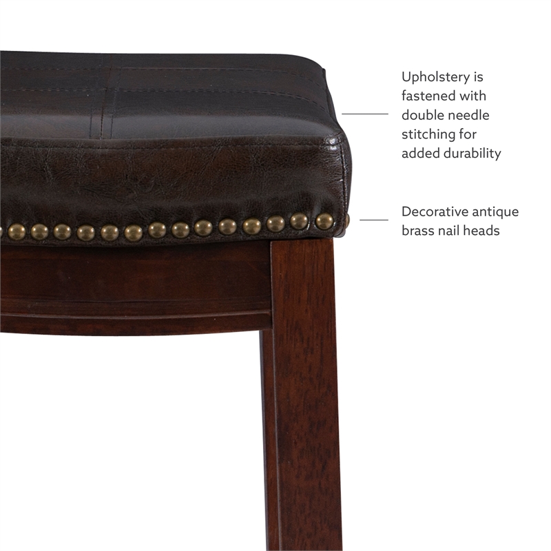 Linon Claridge Backless Counter Stool Faux Leather Nailhead Trim in Brown Wood