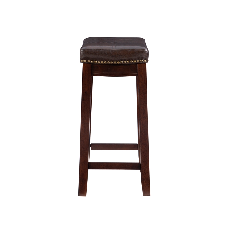 Linon Claridge Backless Counter Stool Faux Leather Nailhead Trim in Brown Wood