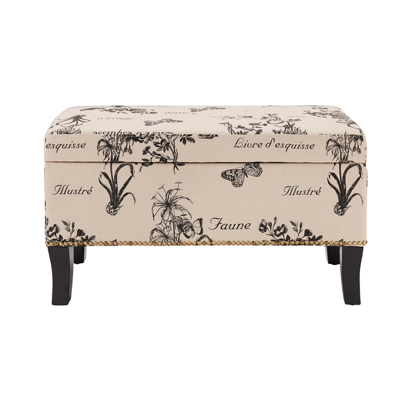 Linon Stephanie Botanical Wood Upholstered Storage Ottoman in Beige