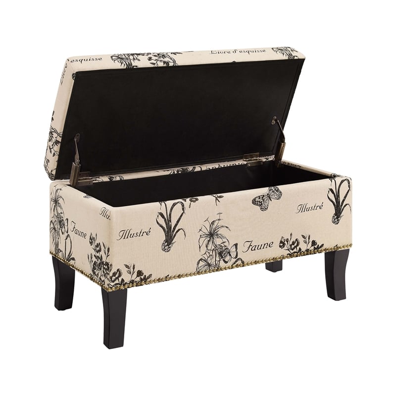 Linon Stephanie Botanical Wood Upholstered Storage Ottoman in Beige