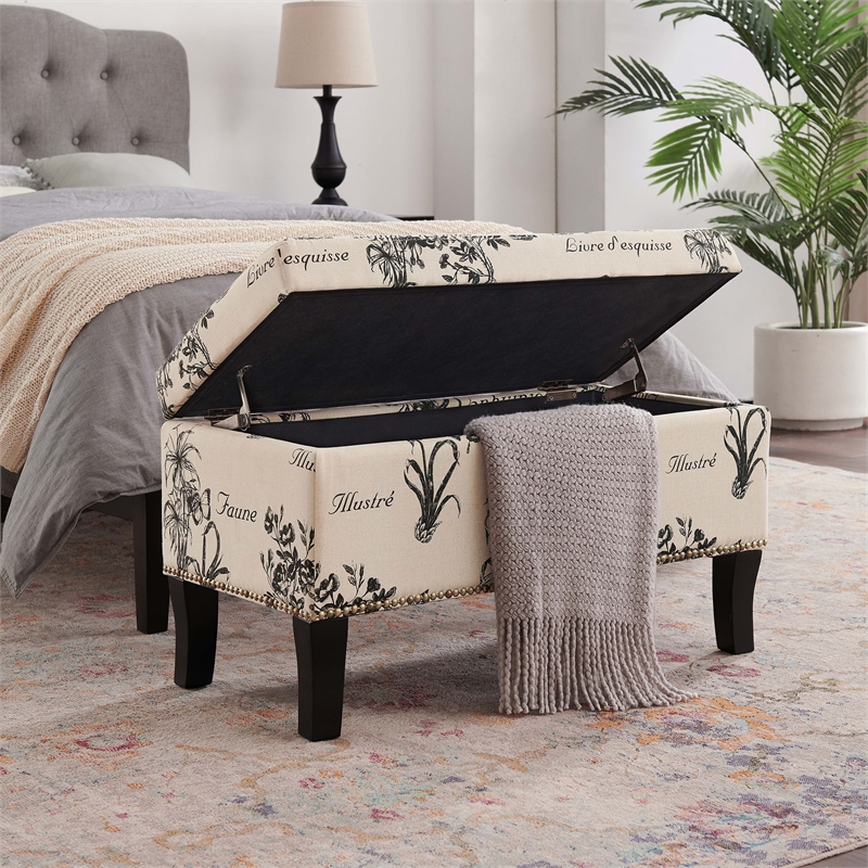 Linon Stephanie Botanical Wood Upholstered Storage Ottoman in Beige