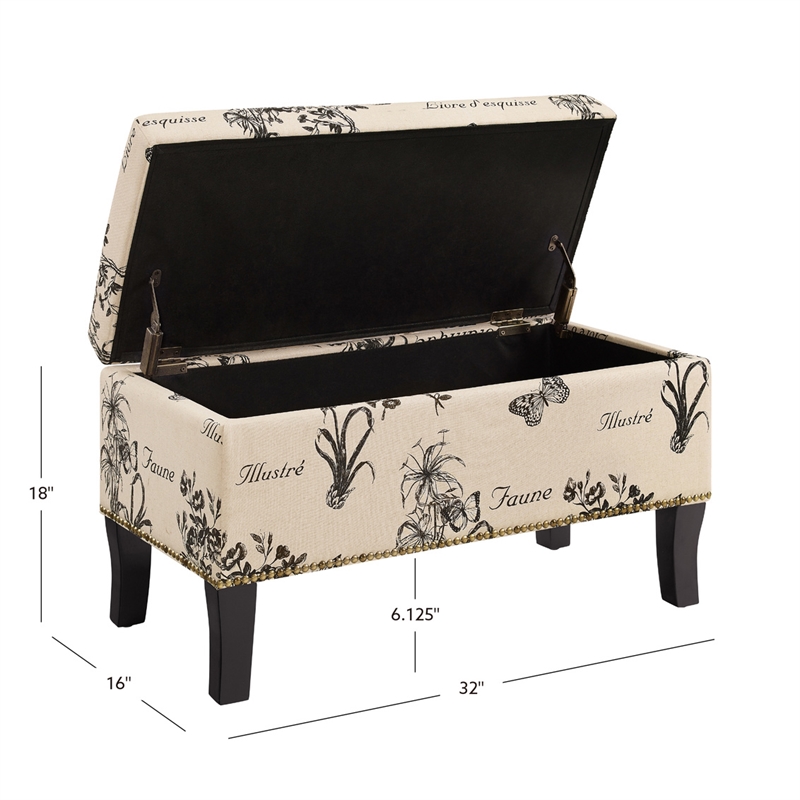 Linon Stephanie Botanical Wood Upholstered Storage Ottoman in Beige