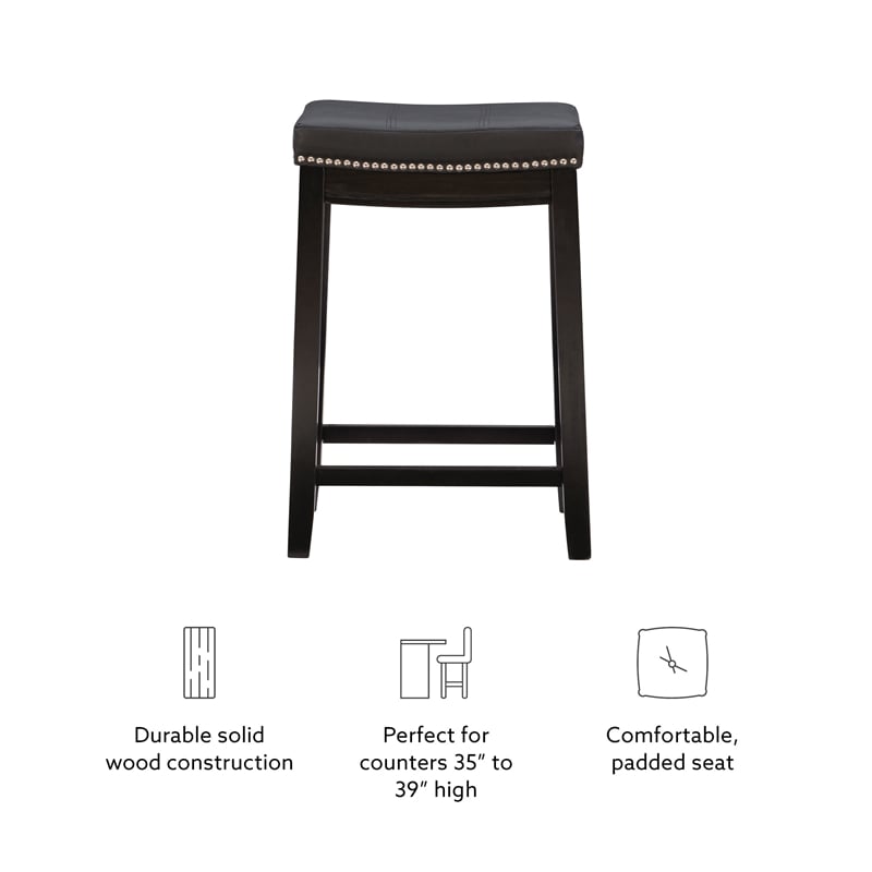Linon Claridge Backless Counter Stool Nailhead Trim Faux Leather in Black Wood