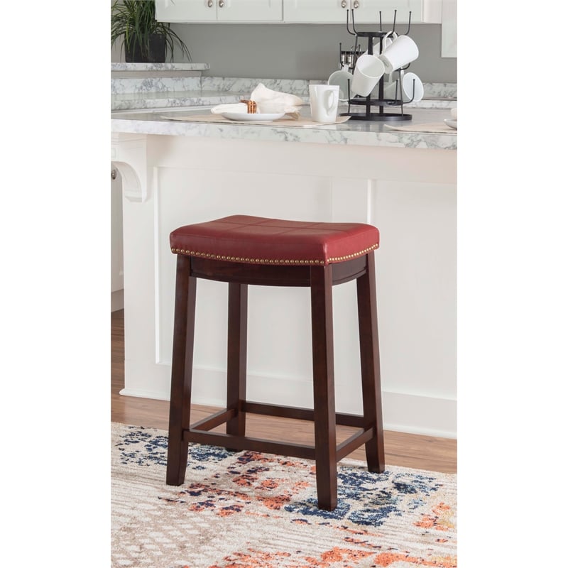 Linon Claridge Backless Counter Stool Red Faux Leather Wood Frame in Dark Brown