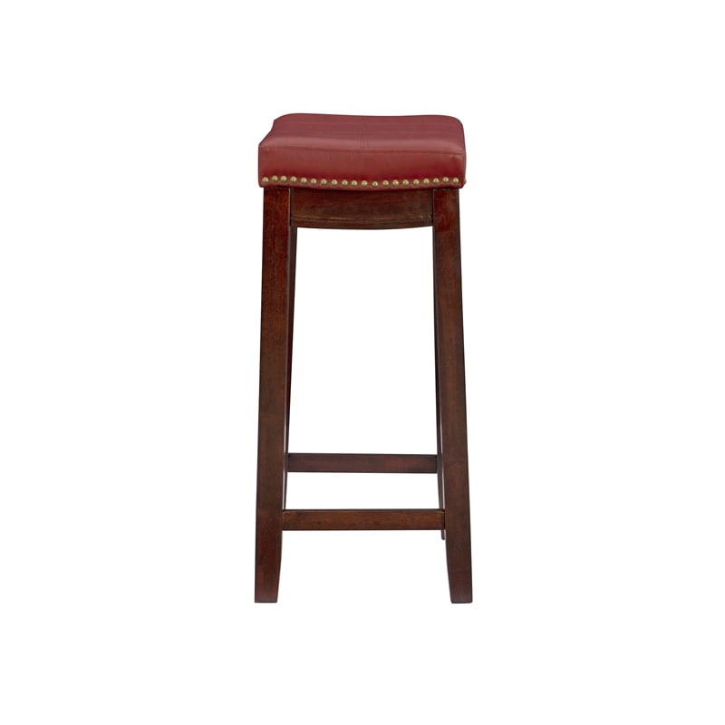 Linon Claridge Backless Counter Stool Red Faux Leather Wood Frame in Dark Brown