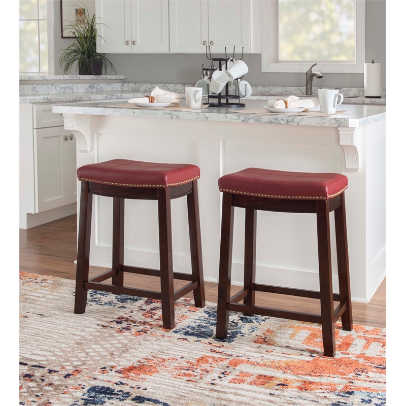 Linon Claridge Backless Counter Stool Red Faux Leather Wood Frame in Dark Brown