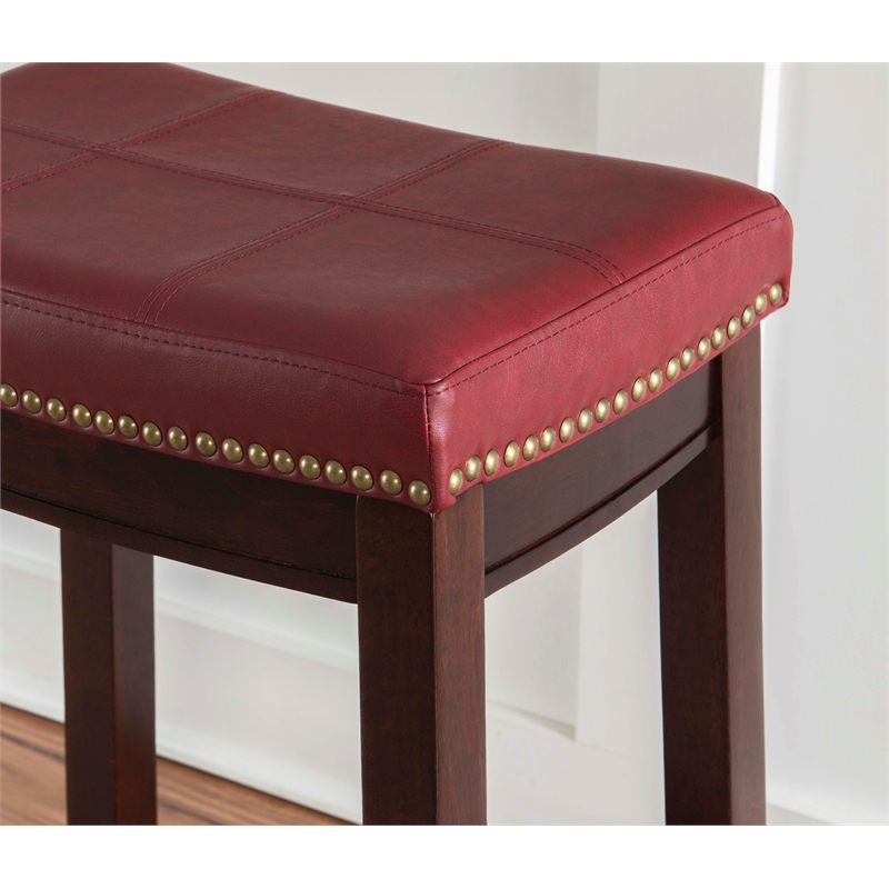 Linon Claridge Backless Counter Stool Red Faux Leather Wood Frame in Dark Brown