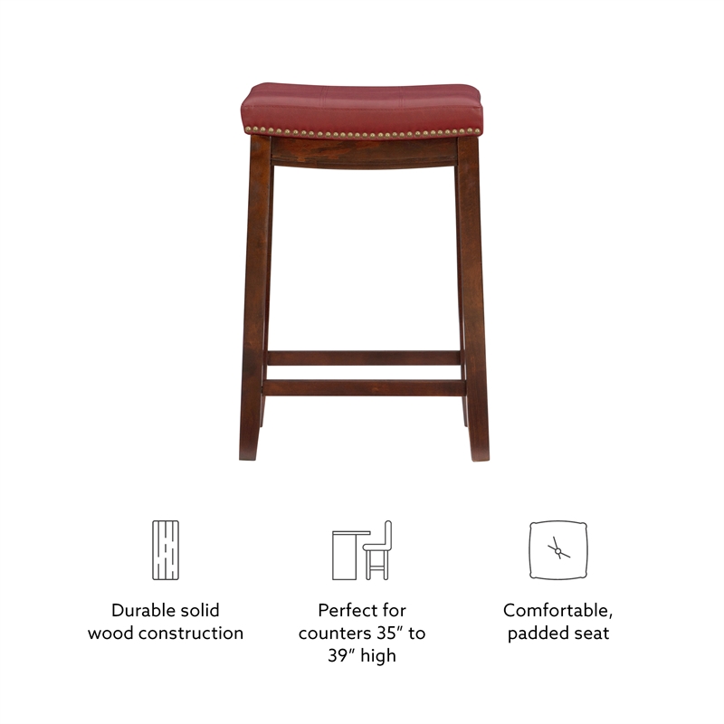 Linon Claridge Backless Counter Stool Red Faux Leather Wood Frame in Dark Brown