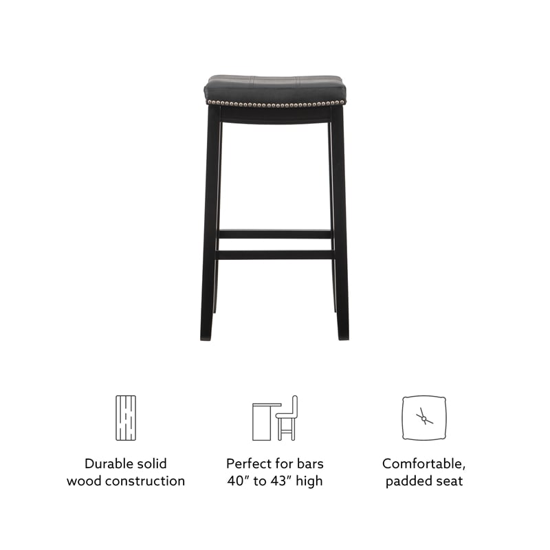 Linon Claridge Backless Bar Stool Black Faux Leather Wood Frame in Black Finish