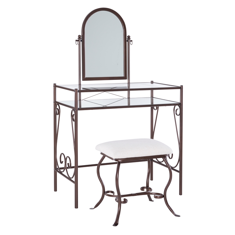 Linon Clarisse Metal & Glass Vanity & Padded Stool Set Arched Mirror in Bronze
