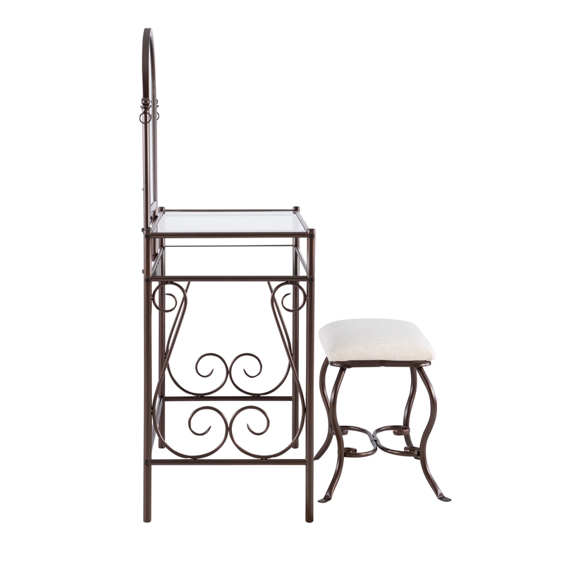 Linon Clarisse Metal & Glass Vanity & Padded Stool Set Arched Mirror in Bronze