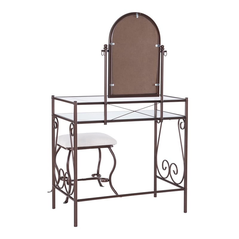 Linon Clarisse Metal & Glass Vanity & Padded Stool Set Arched Mirror in Bronze