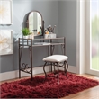 Linon Clarisse Metal & Glass Vanity & Padded Stool Set Arched Mirror in Bronze